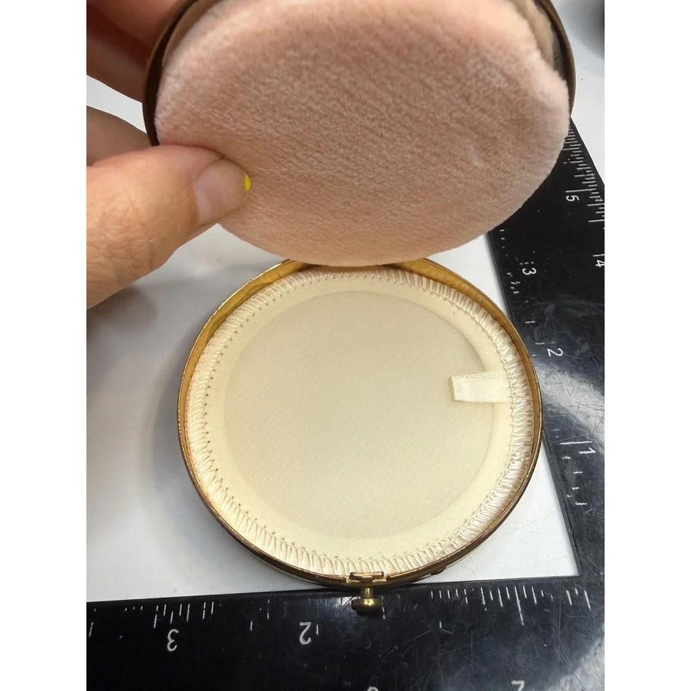 Gold Tone Brass Rose Etched Powder Compact with Mirror and Puff 3 Inch